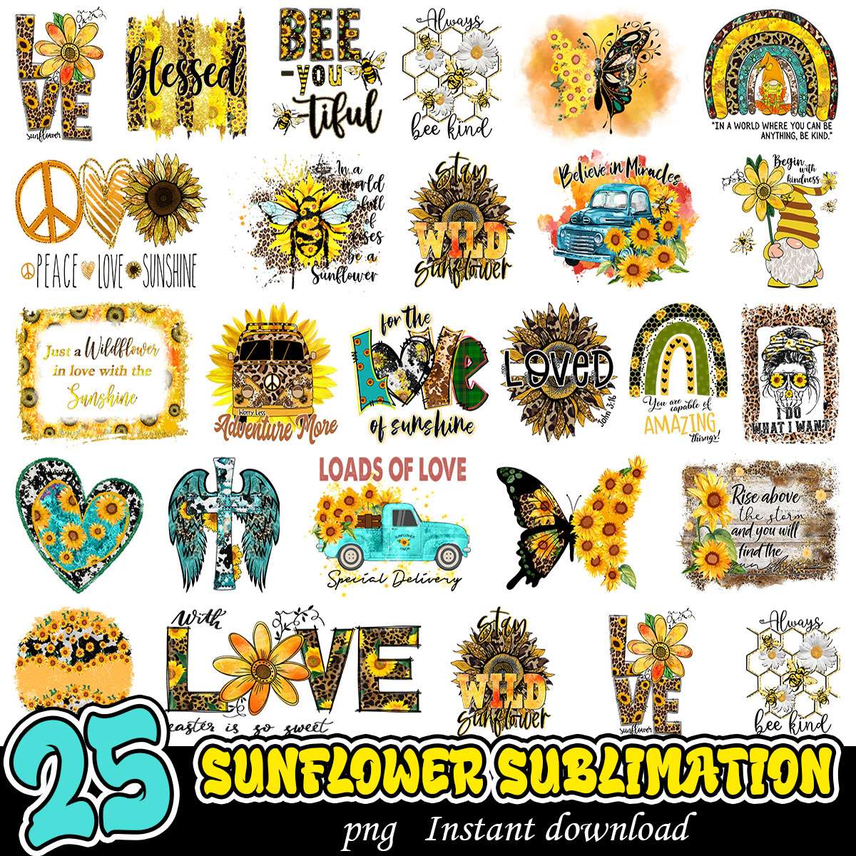 Sunflower Sublimation PNG Bundle, Yellow Flower art png bundle