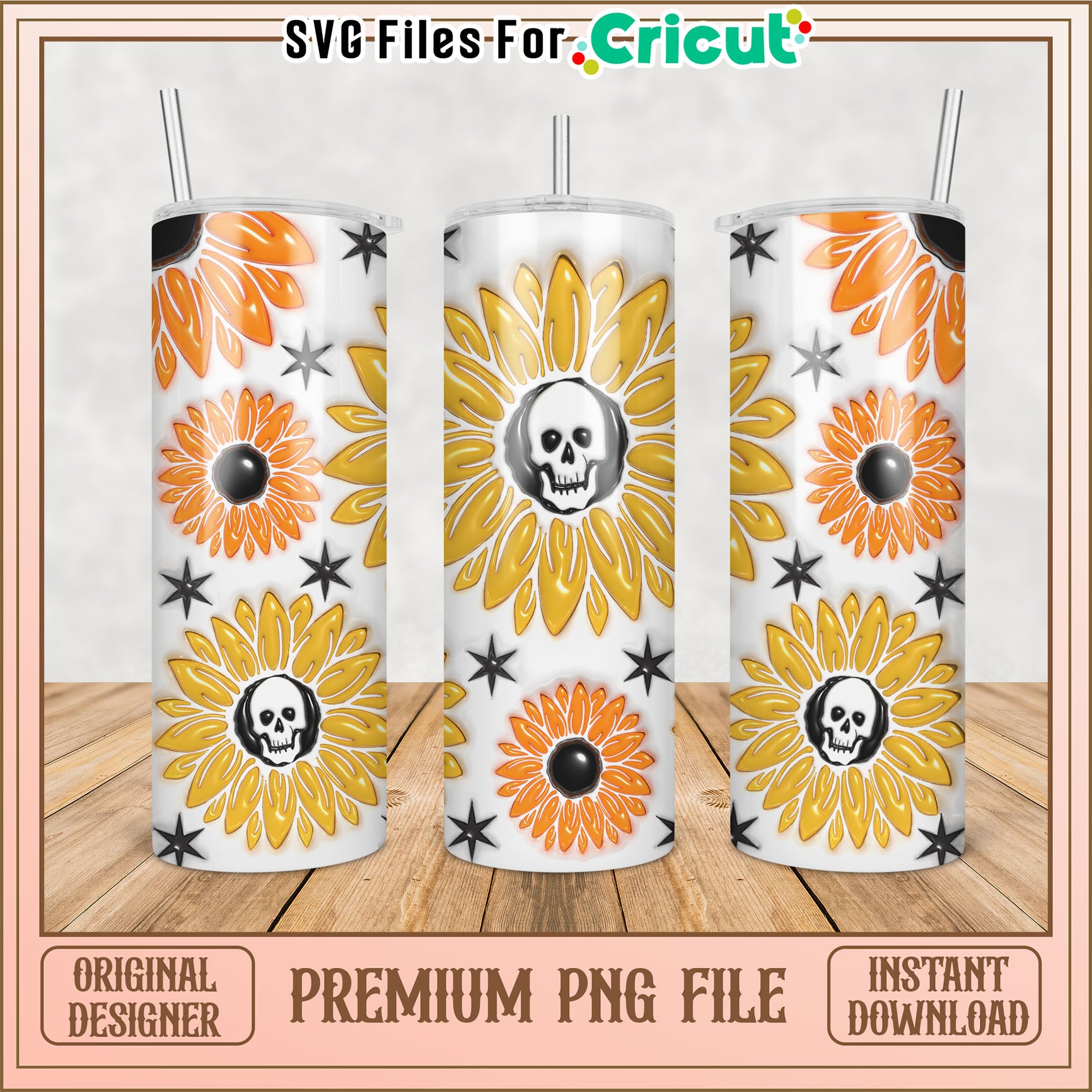 Sunflower Skull Tumbler PNG