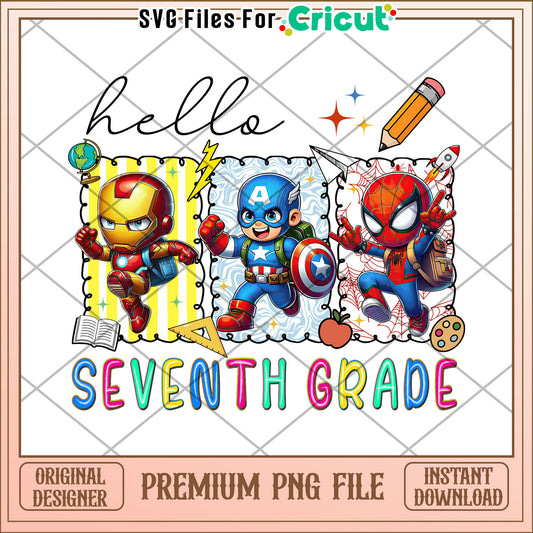 Sventh grade hello png, back to school png, avengers school png