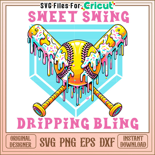 Sweet Swing Dripping Bling Design for Baseball Enthusiasts, Colorful Art Style for Sports Fans
