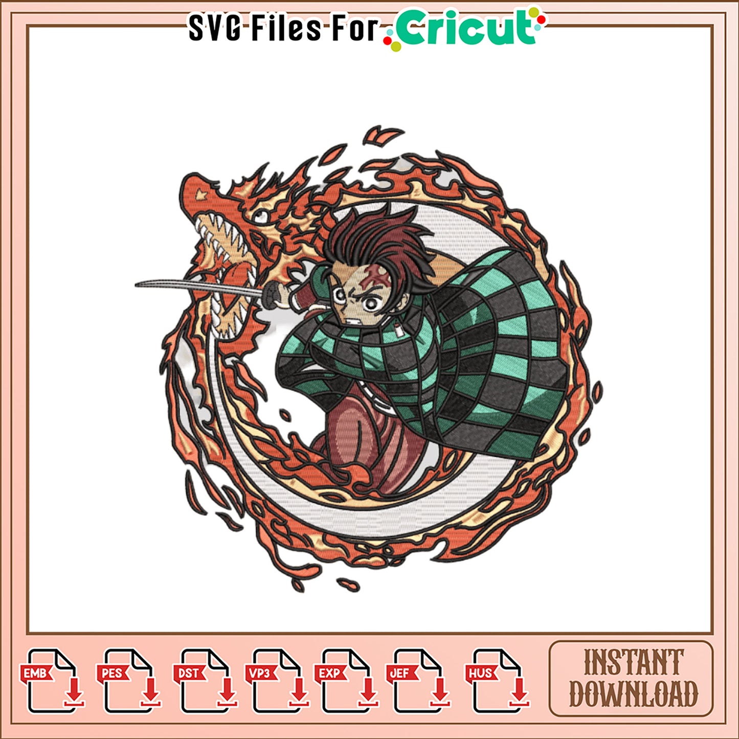 Tanjiro & Dragon Embroidery Design