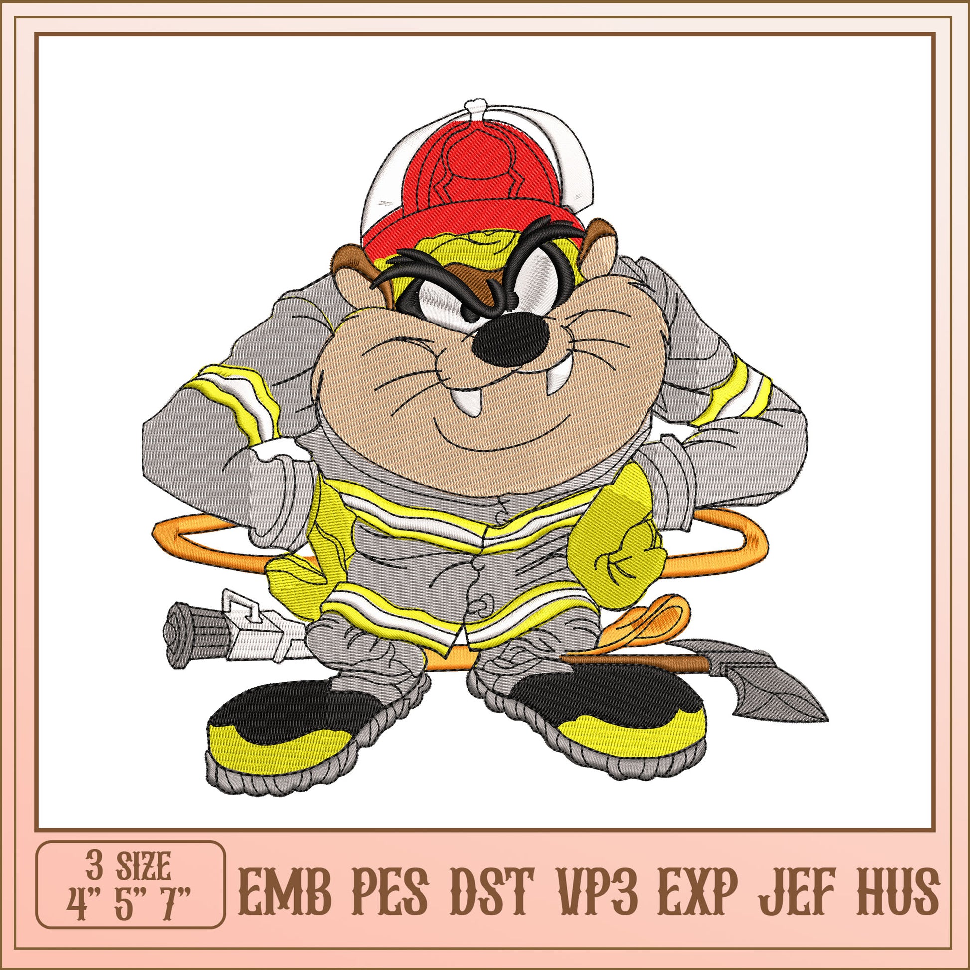 Tasmanian Devil Firefighter Embroidery Design