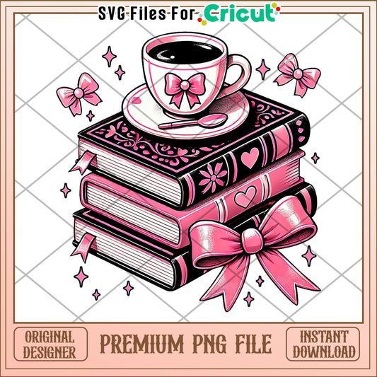 Tea and pink book png, cute stationery design png, back to school items png