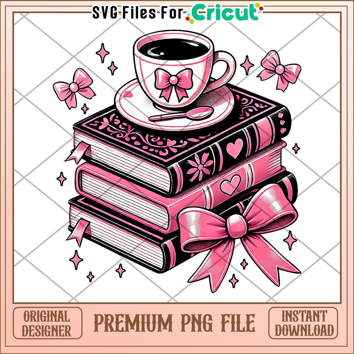 Tea and pink book png, cute stationery design png, back to school items png