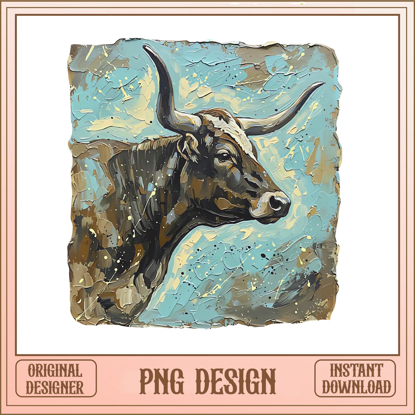 Texas Longhorn Oil Painting PNG, Western Bull Clipart, Cowboy PNG