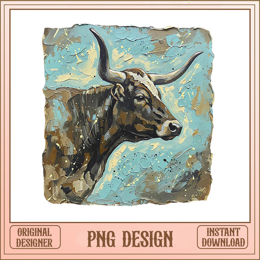 Texas Longhorn Oil Painting PNG, Western Bull Clipart, Cowboy PNG
