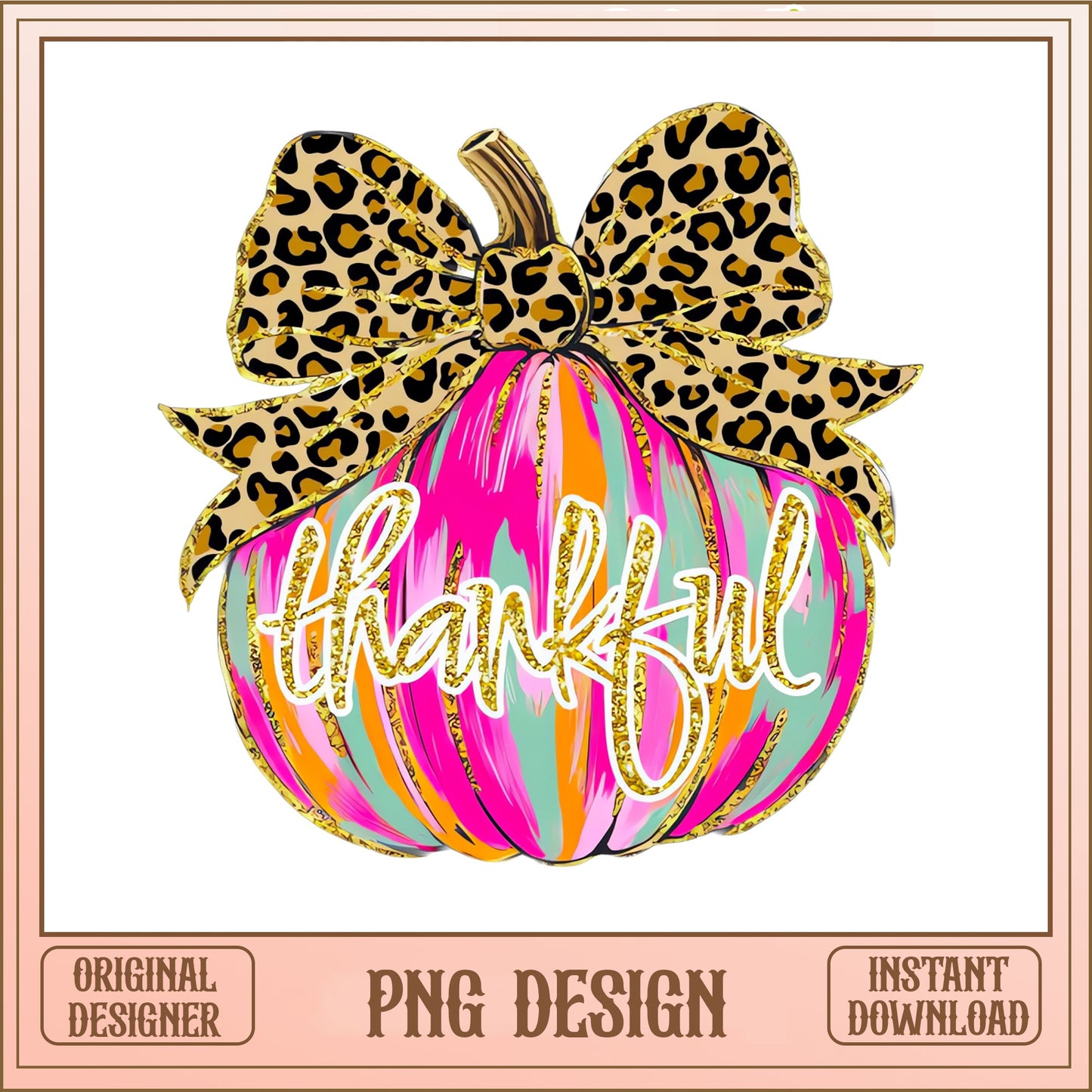 Thankful Pumpkin Leopard Bow PNG, Thanksgiving PNG, Fall PNG
