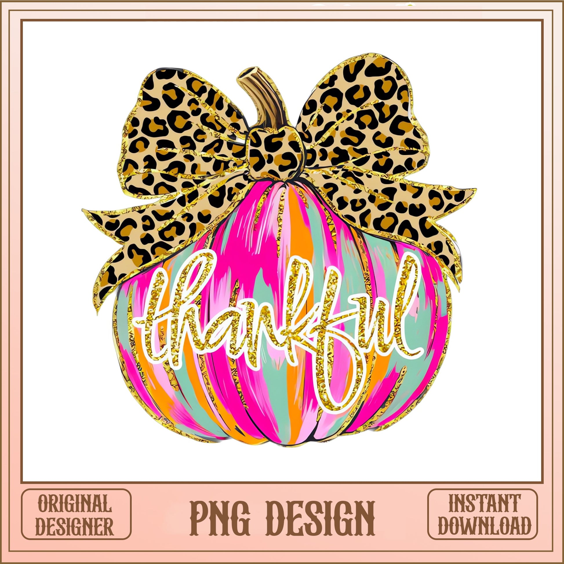 Thankful Pumpkin Leopard Bow PNG, Thanksgiving PNG, Fall PNG