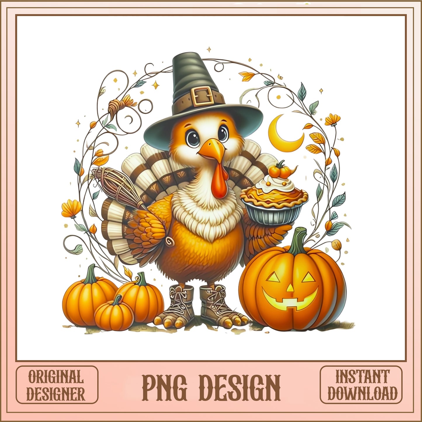 Thanksgiving Turkey Witch PNG, Fall Pumpkin PNG, Halloween PNG
