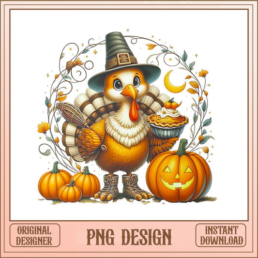 Thanksgiving Turkey Witch PNG, Fall Pumpkin PNG, Halloween PNG