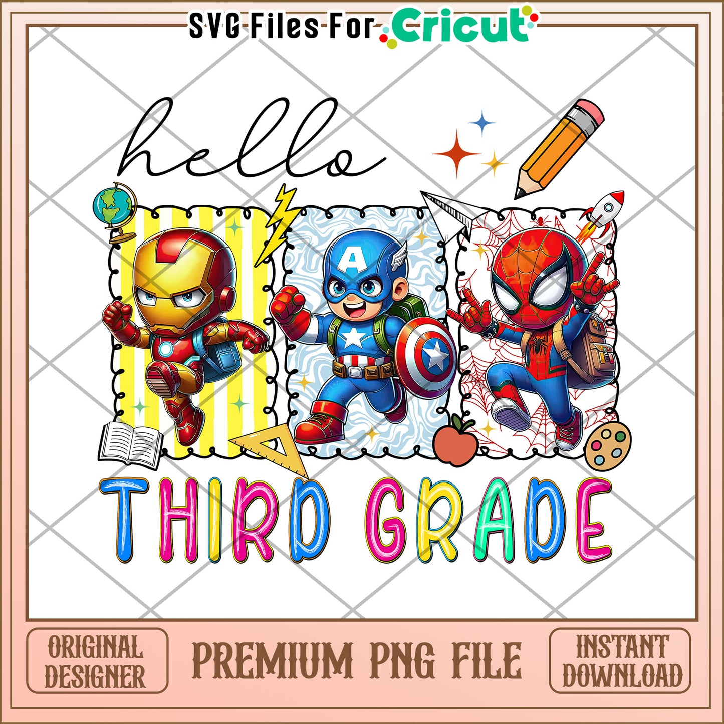 Third grade hello png, back to school png, avengers school png