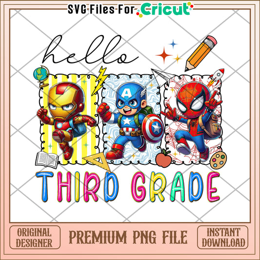 Third grade hello png, back to school png, avengers school png