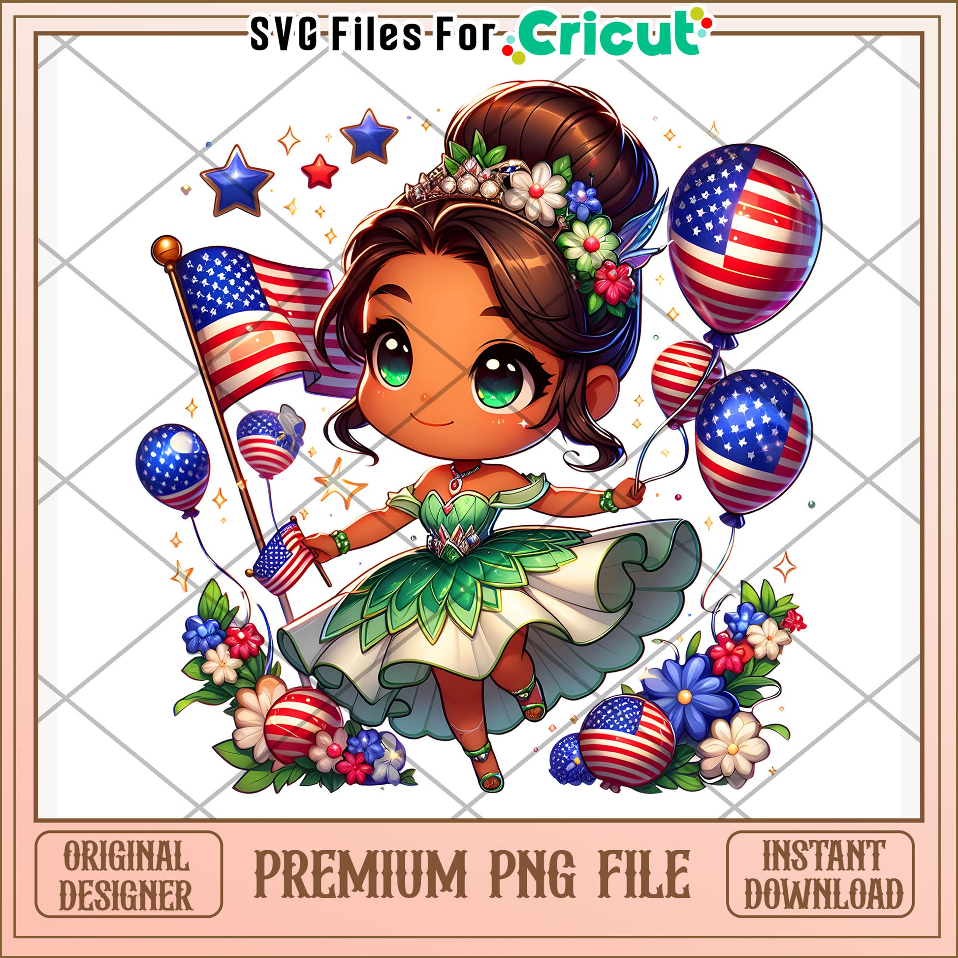 Tiana cute princess png, disney character png, 4th of july png