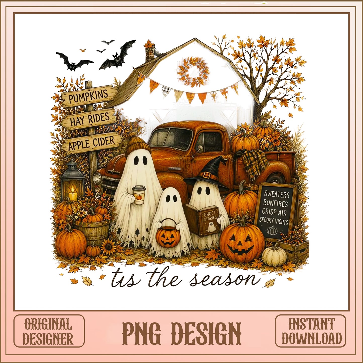 Tis The Season Halloween Ghost PNG, Fall Pumpkin Truck PNG, Spooky Autumn PNG