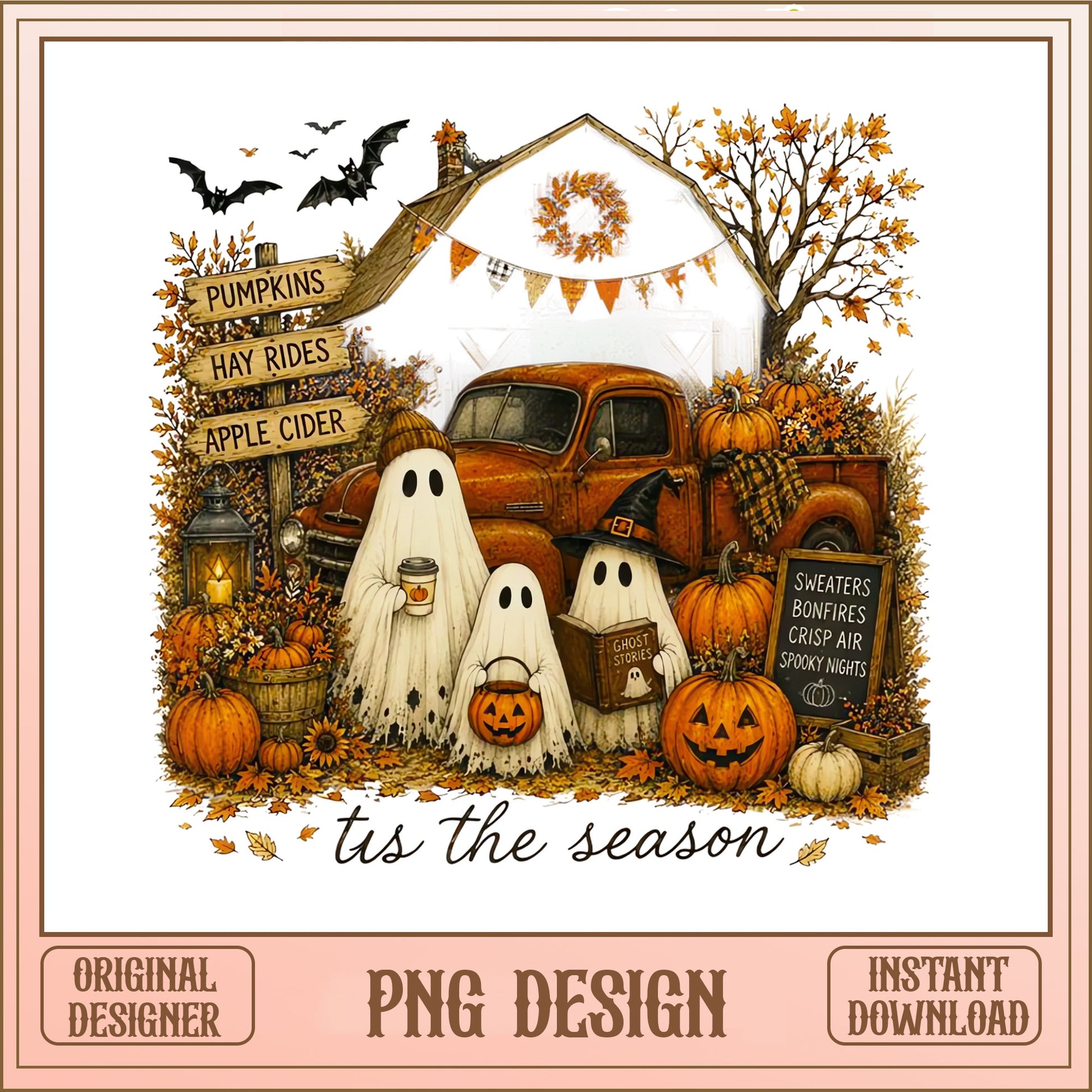 Tis The Season Halloween Ghost PNG, Fall Pumpkin Truck PNG, Spooky Autumn PNG