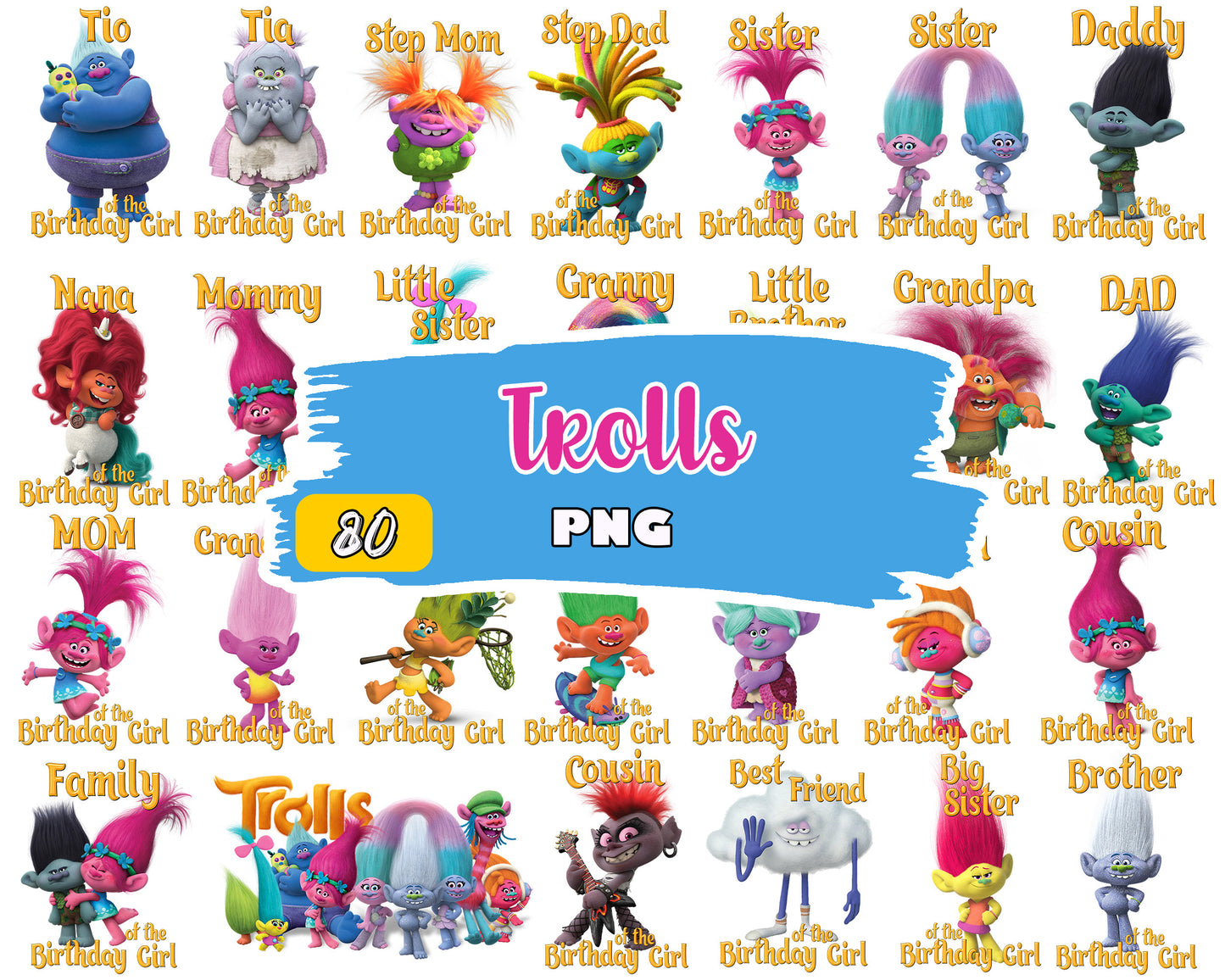 Trolls members of the birthday girl bundle png, trolls birthday​ png
