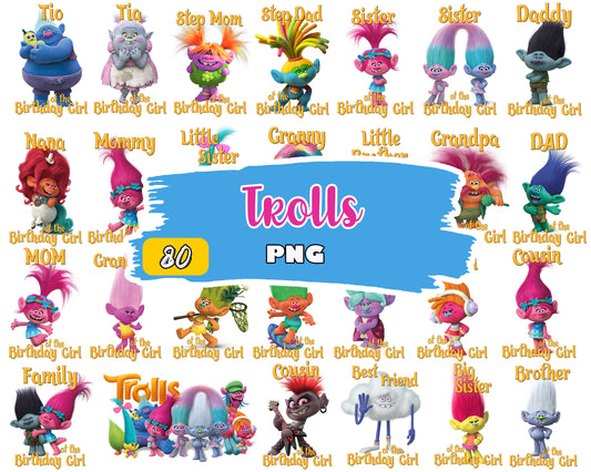 Trolls members of the birthday girl bundle png, trolls birthday​ png