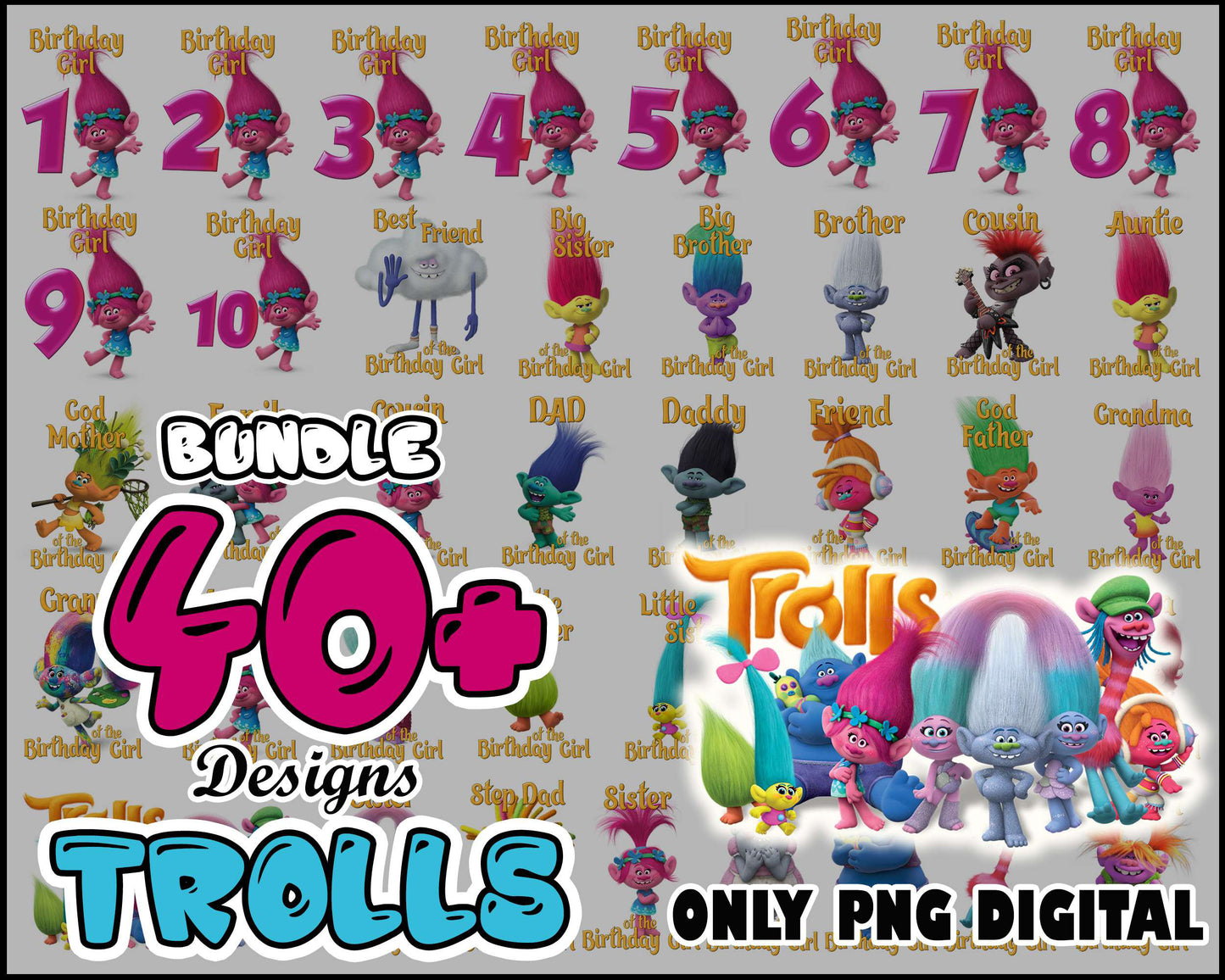 Trolls family of the birthday girl bundle png, trolls happy birthday​ png