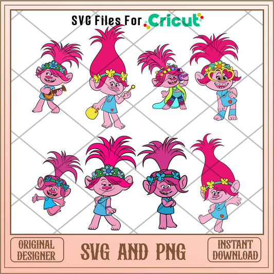 Troll cartoon pink character svg bundle