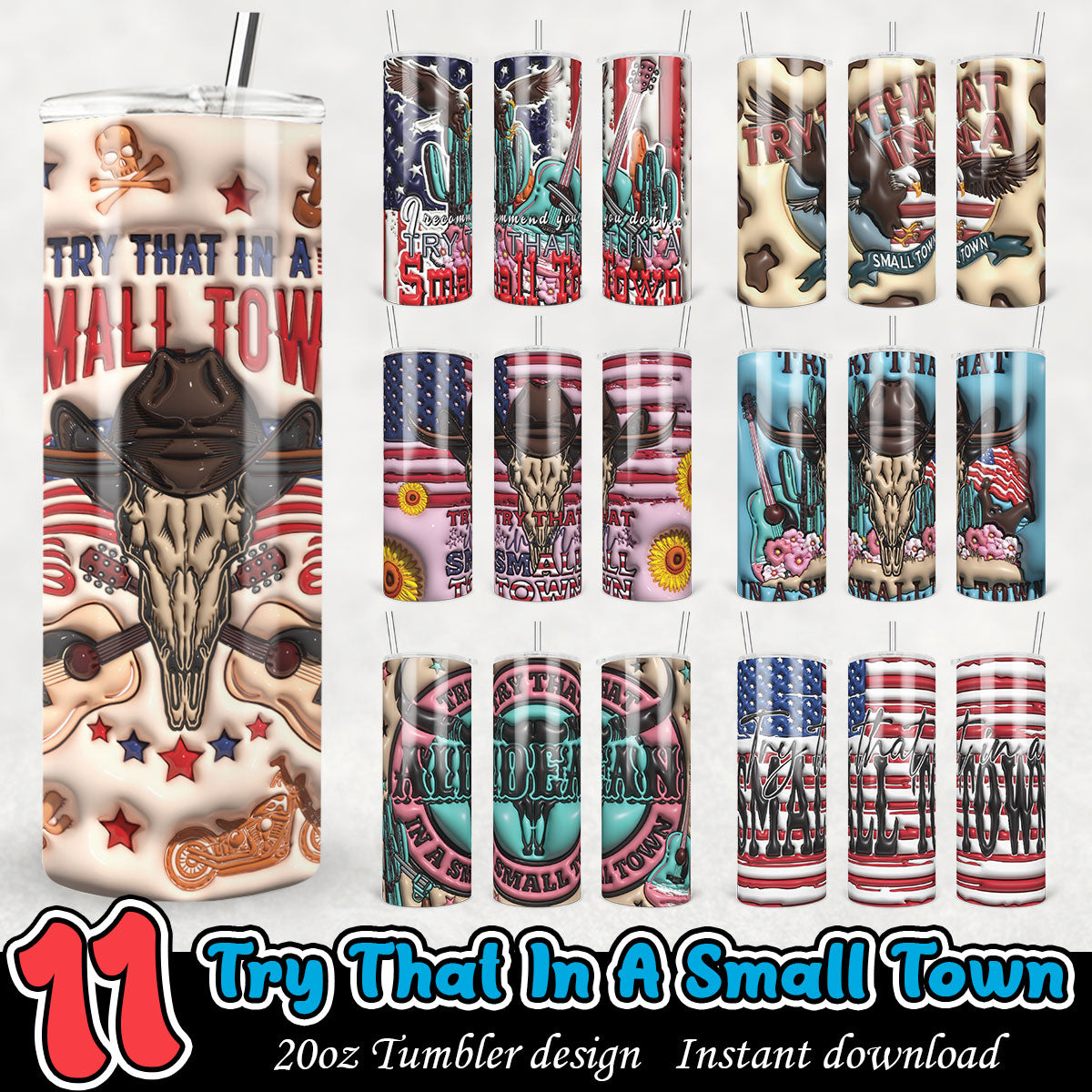 Try That In A Small Town inflated 3D tumbler, Jason Aldean 20oz tumbler bundle