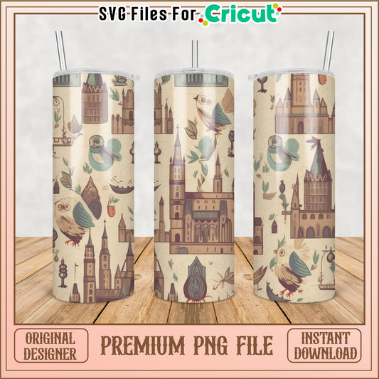 Tumbler PNG Design Castles & Birds