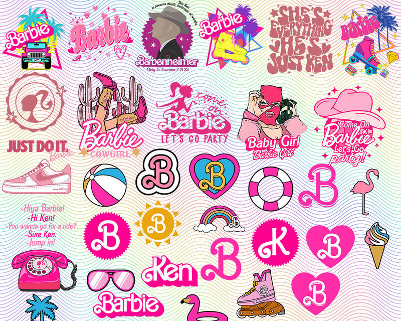 Barbi Icons Bundle svg, Clipart Digital Download, Rainbow Inline svg, Ice Cream design, Sun Skate Flamingo Palm, Babe Doll Girly Princess