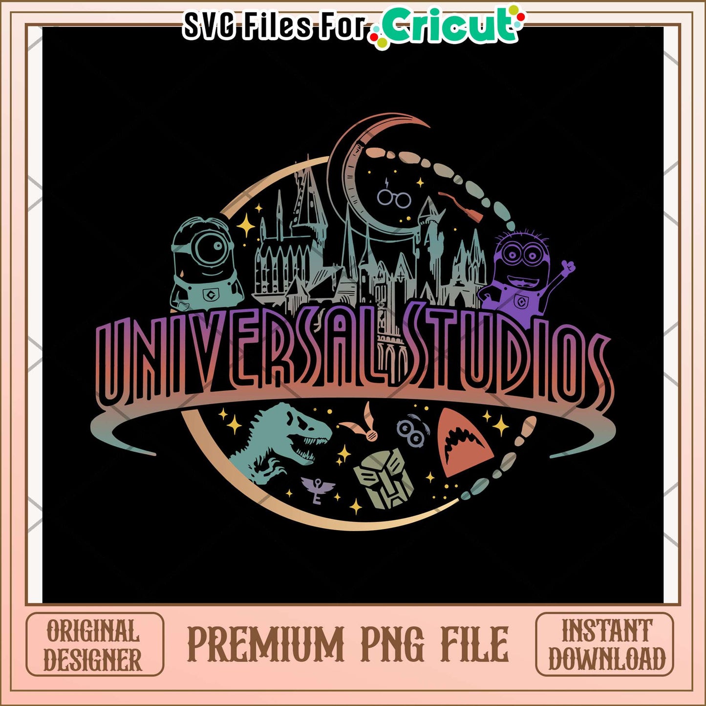 Universal colorful minions logo png, entertainment destination png, travel adventure png