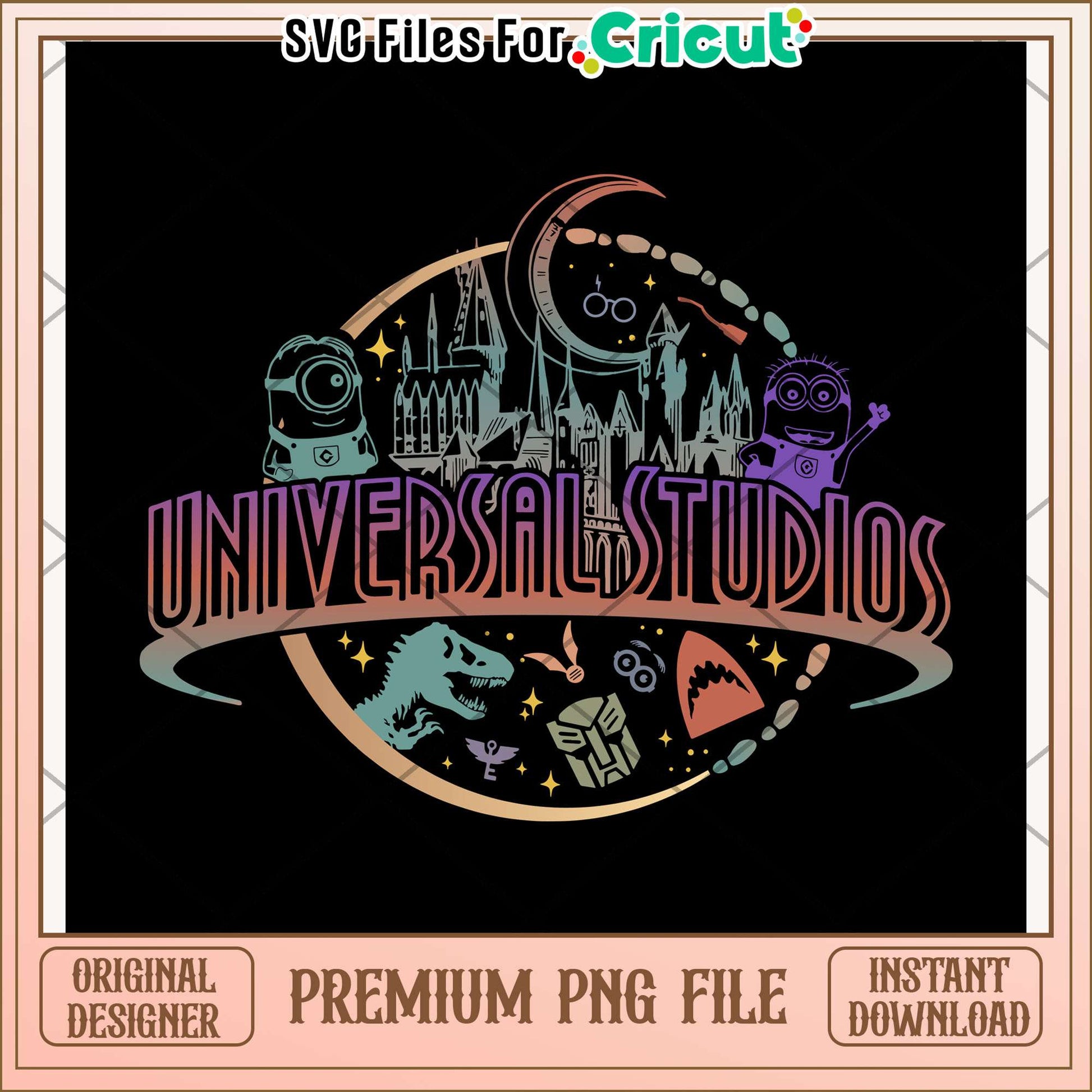 Universal colorful minions logo png, entertainment destination png, travel adventure png