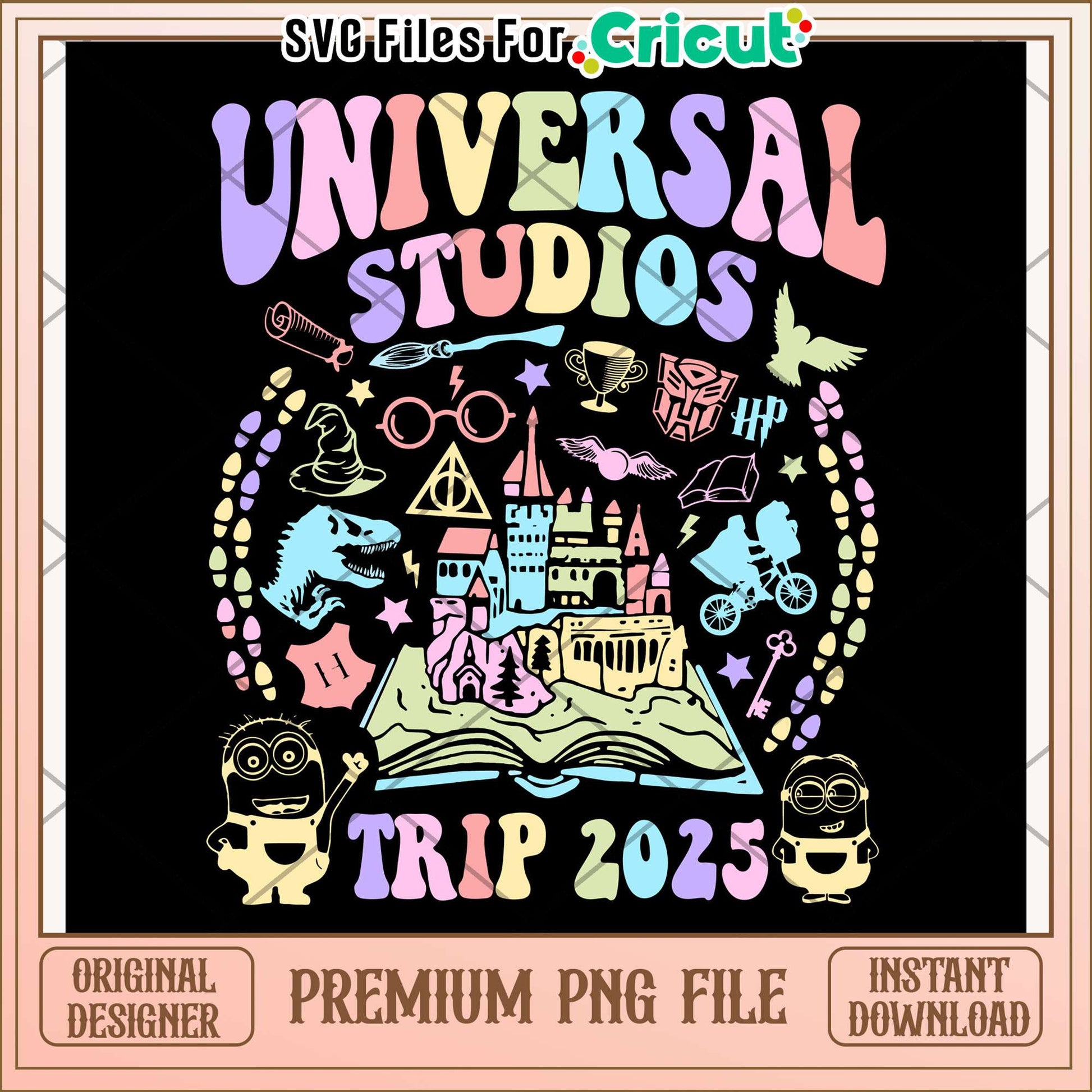 Universal studio trip 2025 png, movie icons png, theme park mascots png