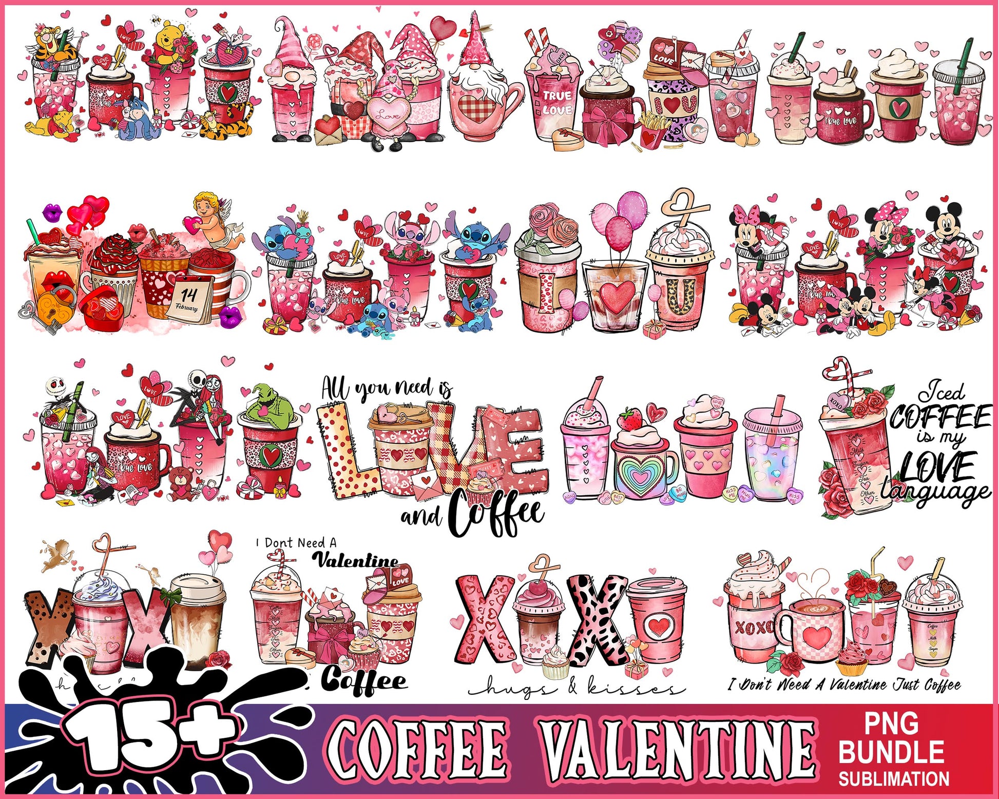 Disney characters coffee valentine bundle png, coffee valentine​​ png