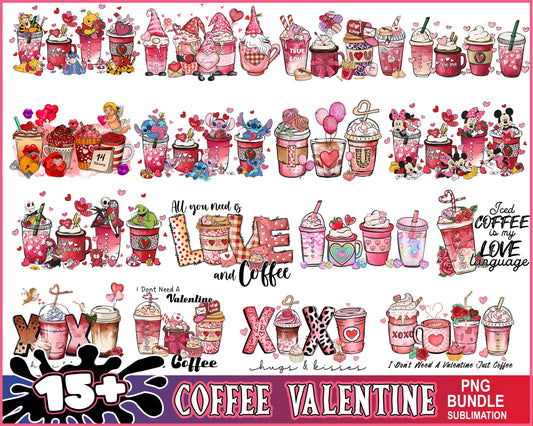 Disney characters coffee valentine bundle png, coffee valentine​​ png