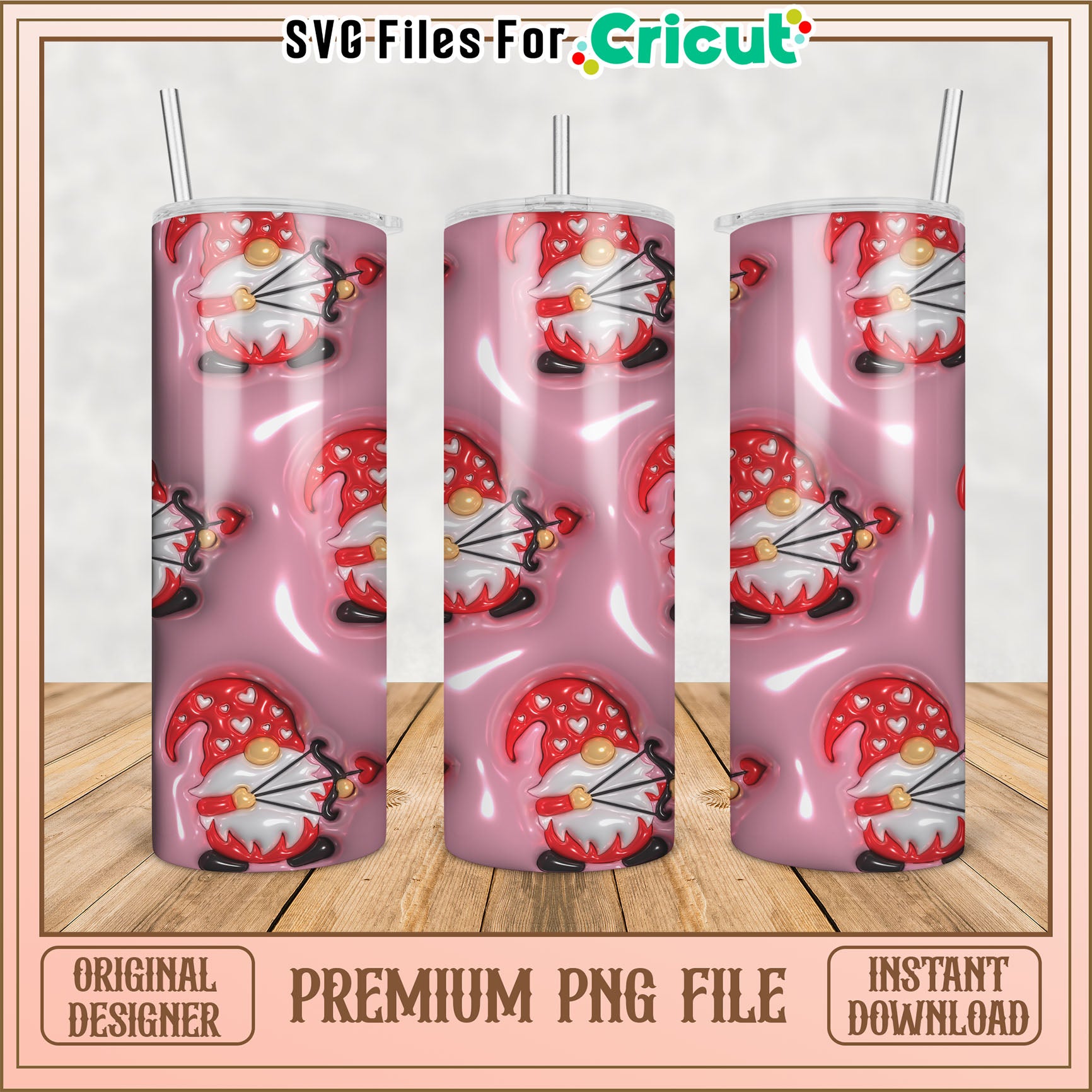 Valentines Gnome Tumbler PNG Design
