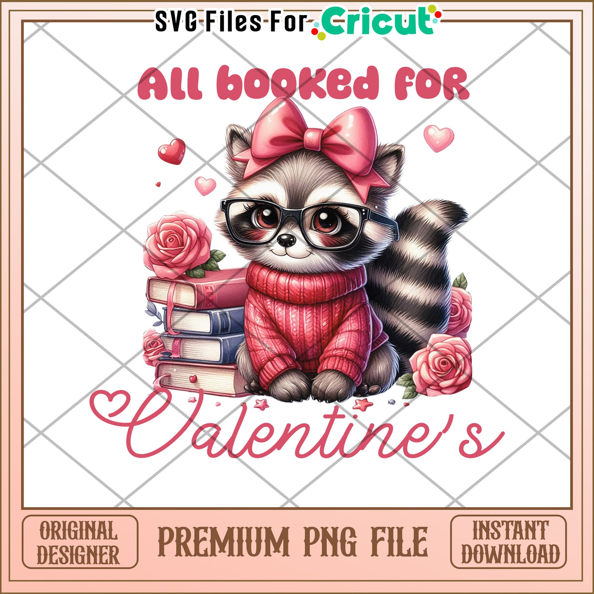 Valentines Raccoon PNG Book Lover