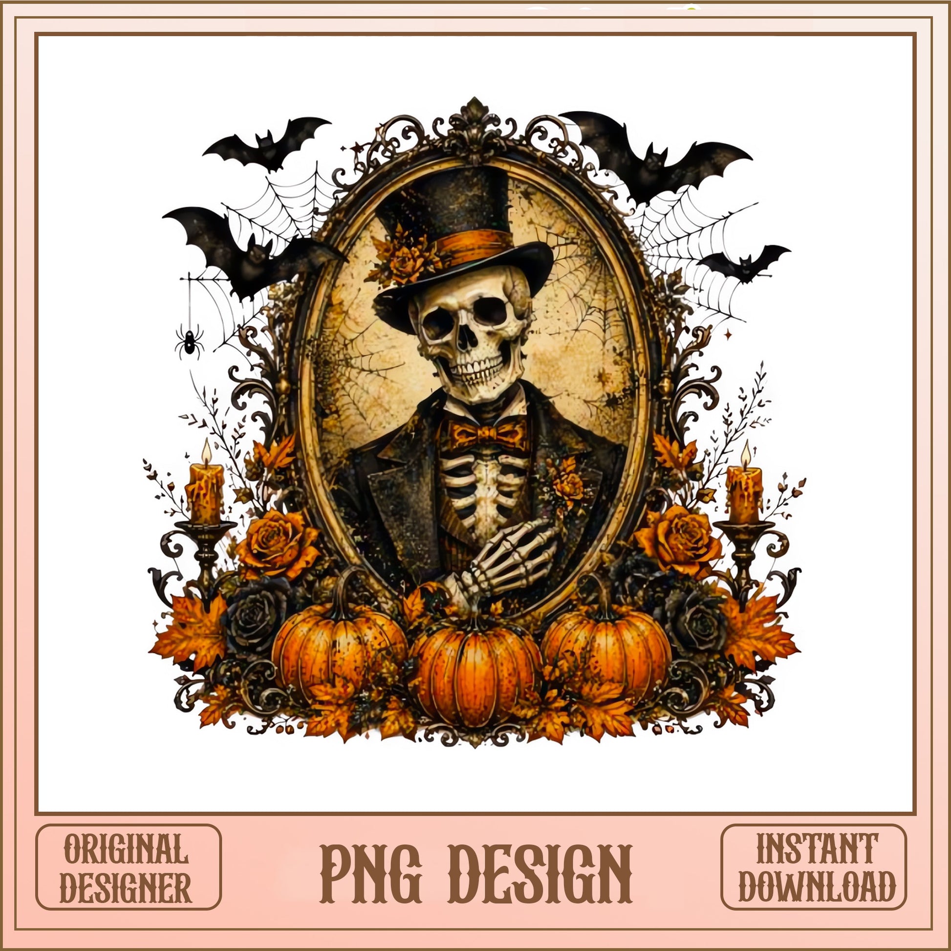 Victorian Skeleton Halloween PNG, Gothic Skull Pumpkin PNG, Spooky Fall PNG