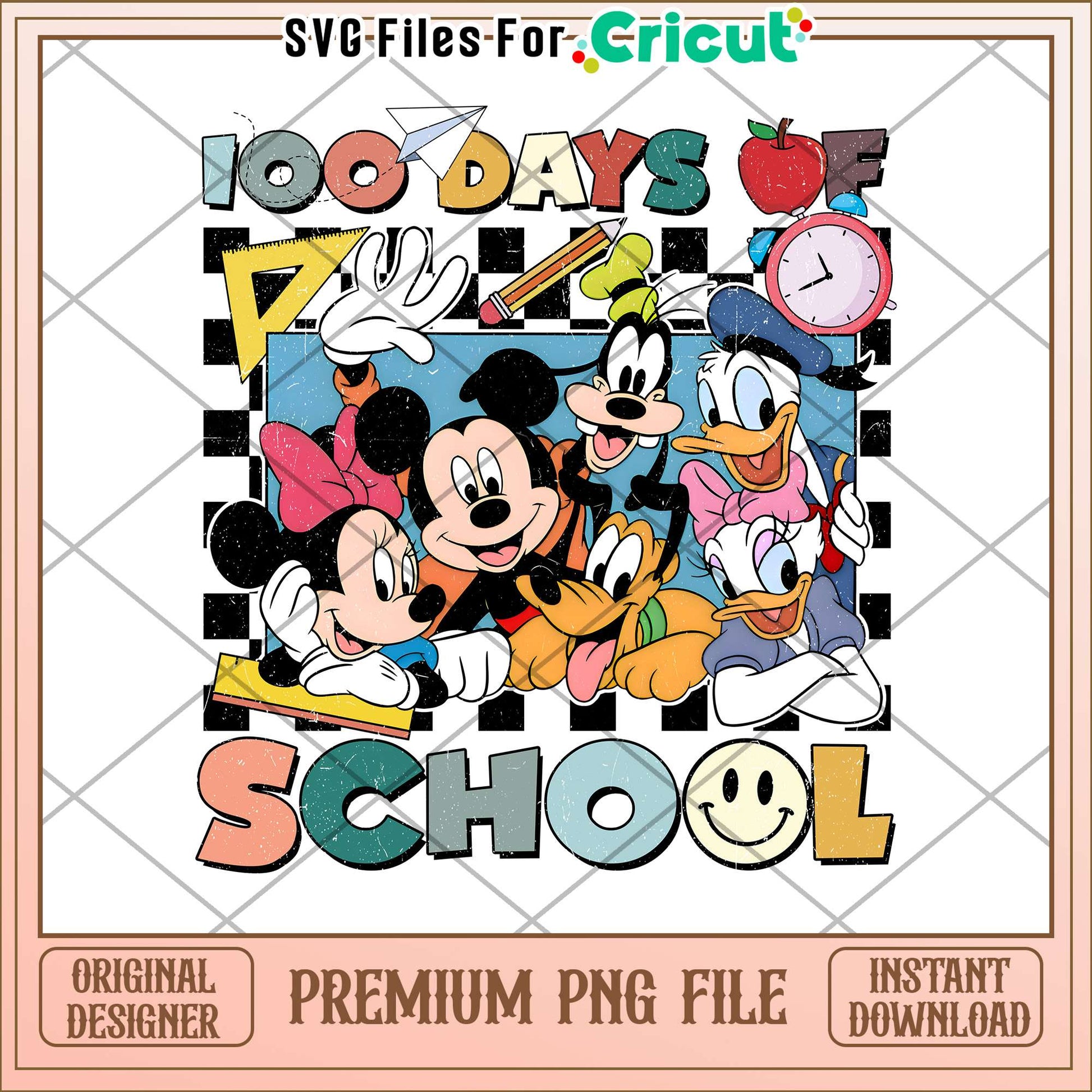 Vintage 100 days of school smiley png, mickey and friends png