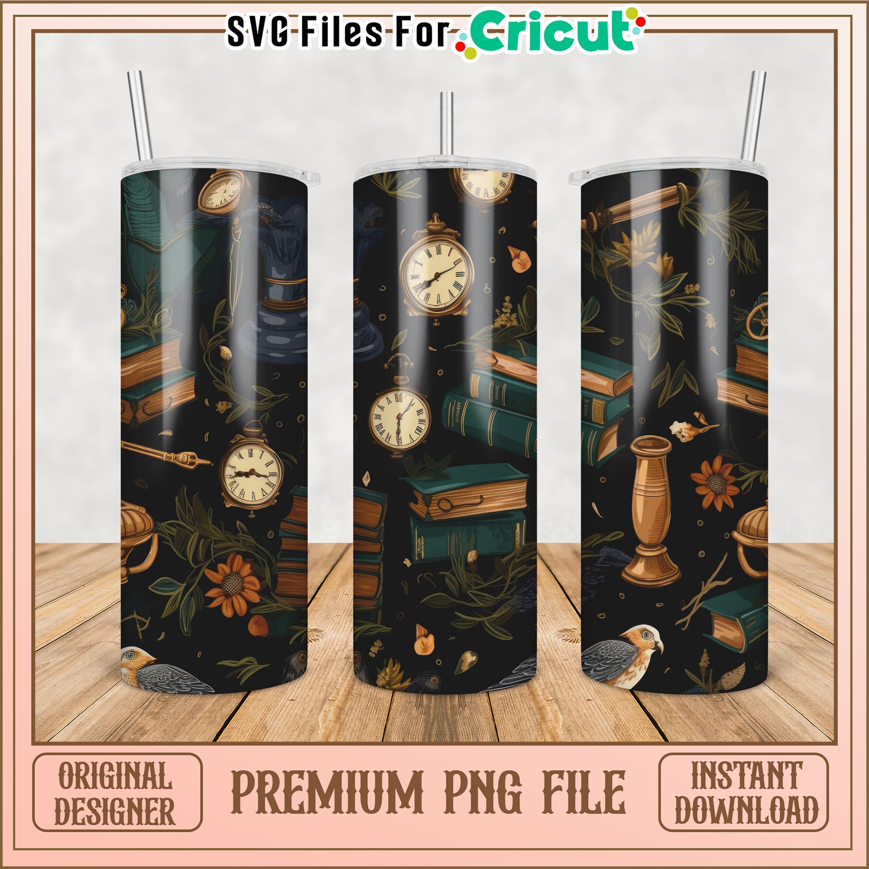 Vintage Books Tumbler PNG Design - Instant Download
