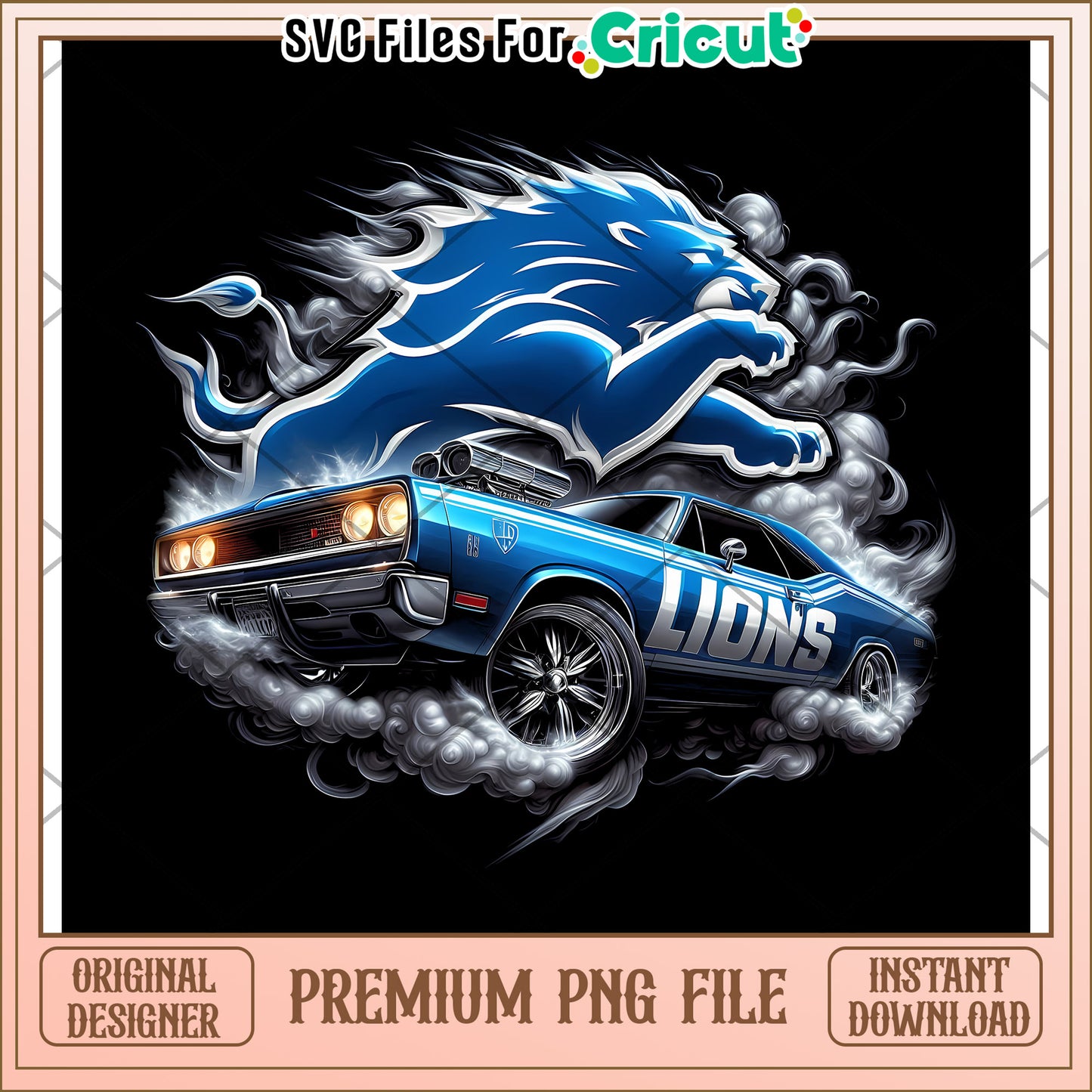 Vintage Car Graphic Design, Detroit Lions Sports Theme PNG File