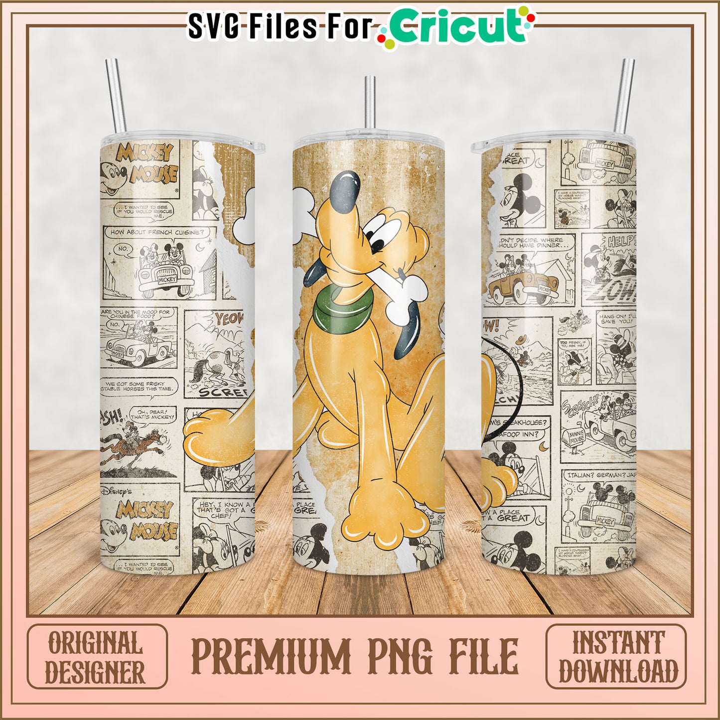 Vintage Cartoon Tumbler Design Featuring Pluto for Cricut Crafts
