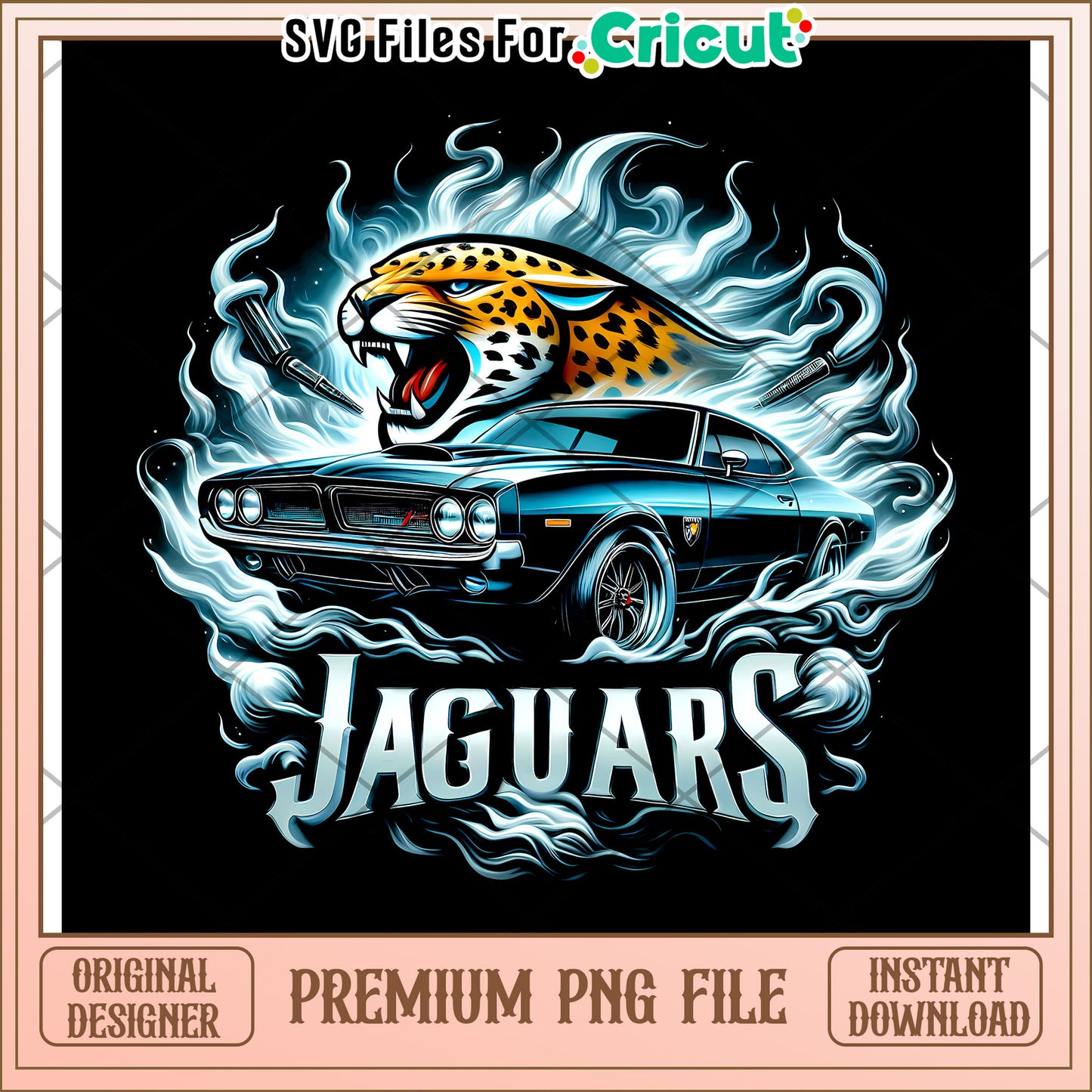 Vintage Jaguar Car Design, Bold Jaguar Head and Flames Art