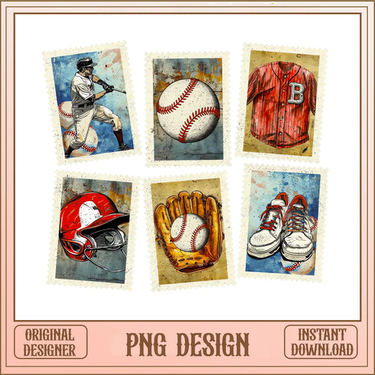 Vintage Baseball Stamp PNG Bundle, Baseball Clipart, Sports PNG