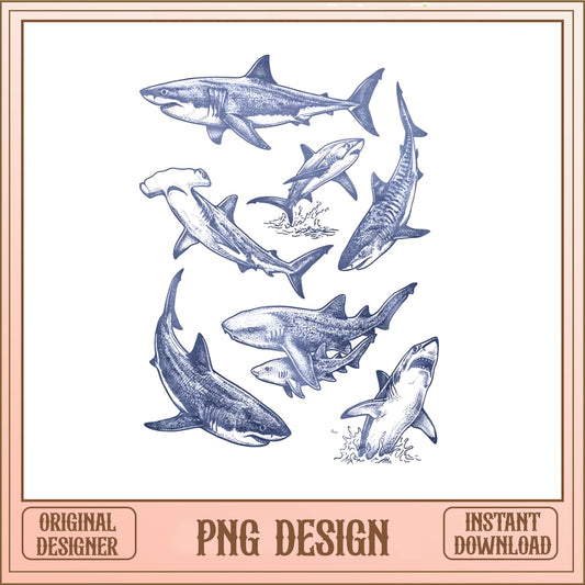 Vintage Shark Bundle PNG, Ocean Animals Clipart, Shark PNG