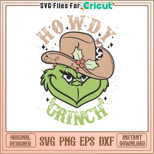 Vintage howdy grinch western christmas svg, grinch smile​ svg