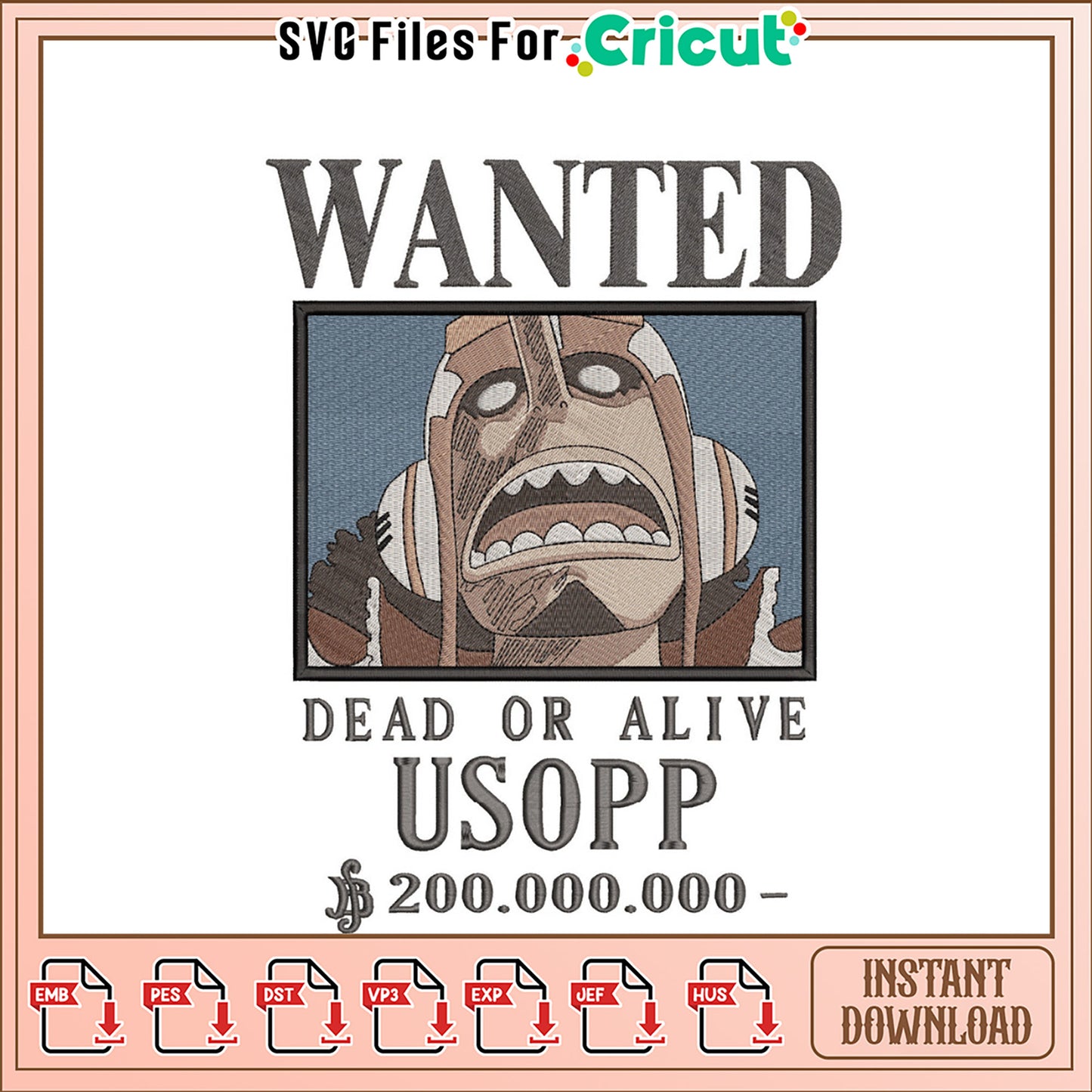 Wanted Usopp Embroidery Design for Creative Projects