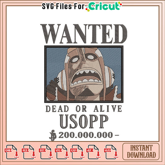Wanted Usopp Embroidery Design for Creative Projects