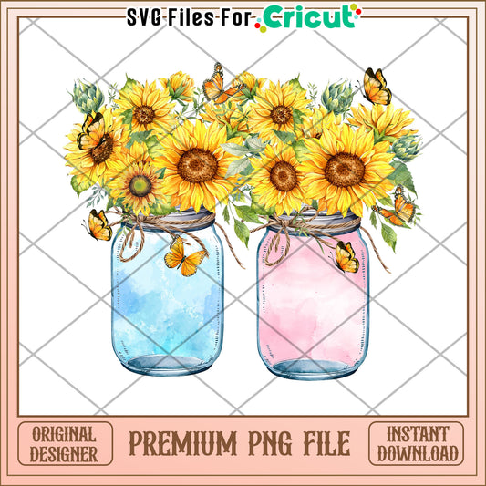 Watercolor Sunflowers in Mason Jars PNG