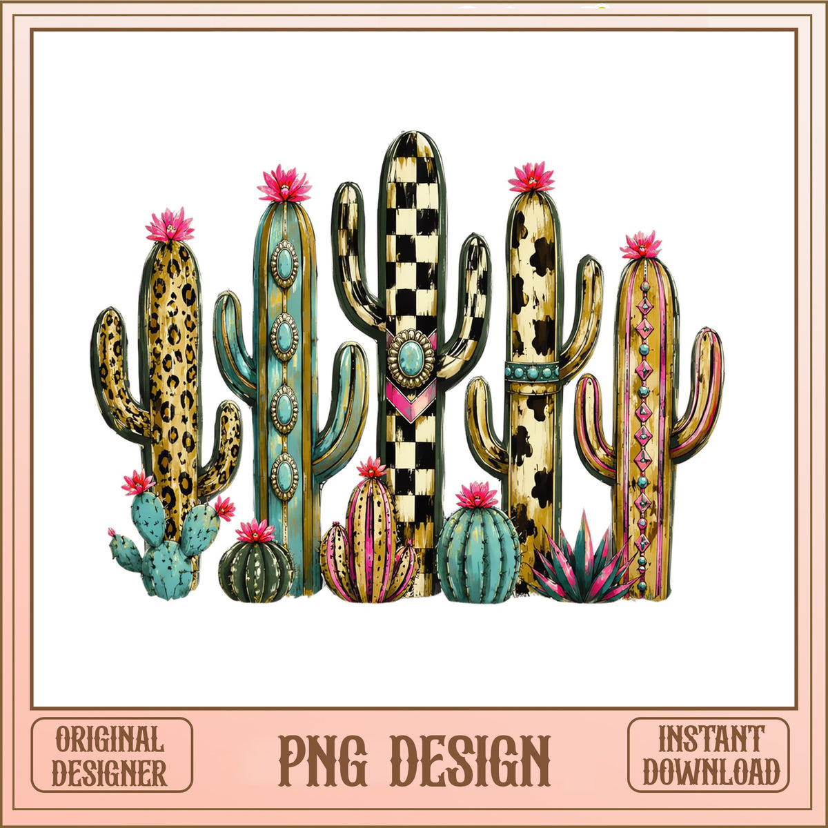Western Boho Cactus PNG, Leopard Cow Print Cactus, Sublimation PNG