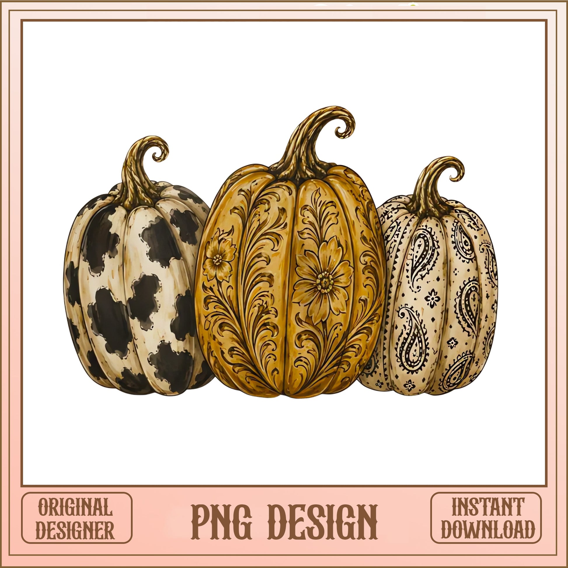 Western Pumpkin PNG, Cowhide Floral Paisley Pumpkin, Fall Halloween PNG