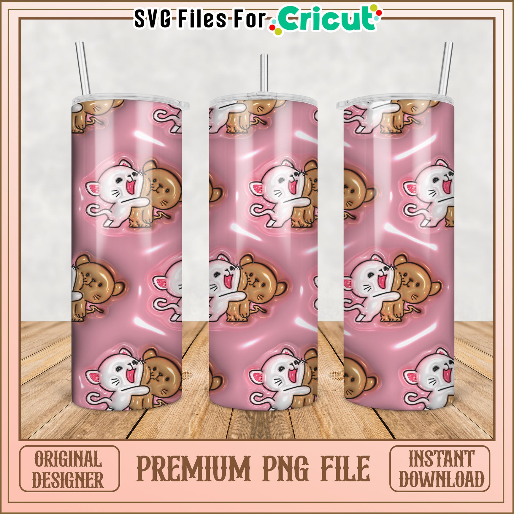 Whimsical Cat and Bear Tumbler Design PNG for Cricut Crafts