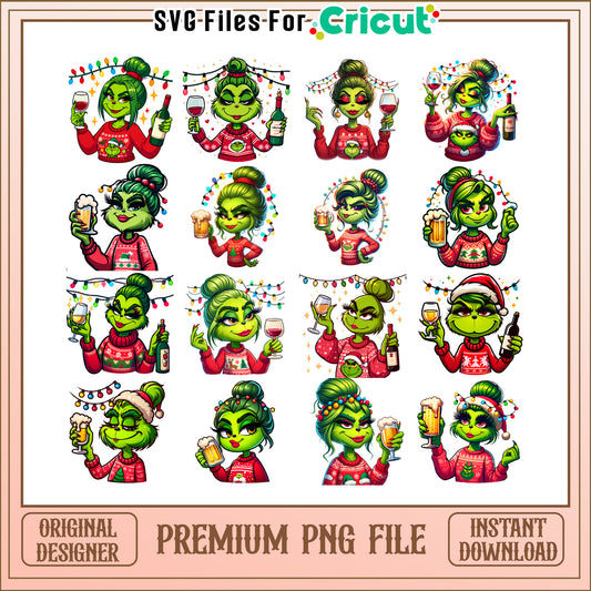 Wine grinch girl christmas bundle png, grinch girls​ png