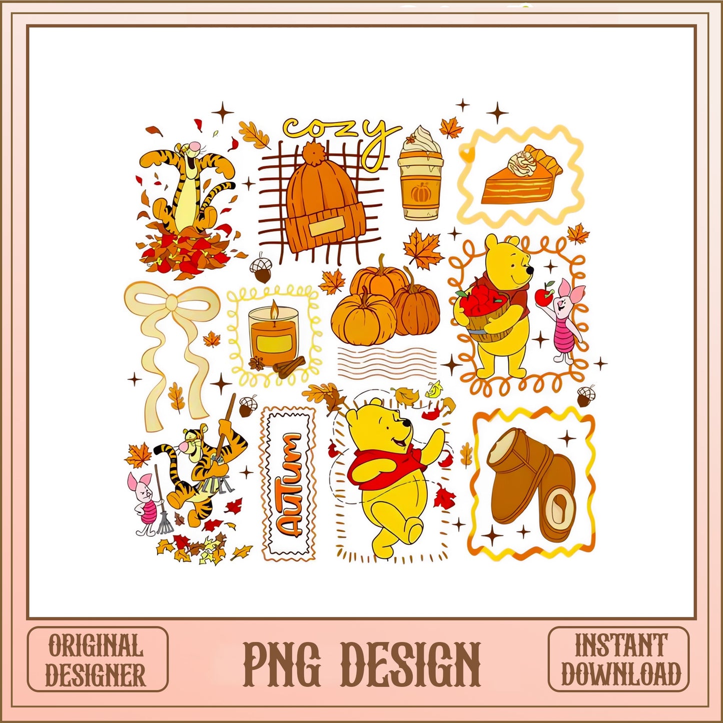 Winnie The Pooh Fall PNG Bundle, Autumn Cozy PNG, Disney Fall PNG